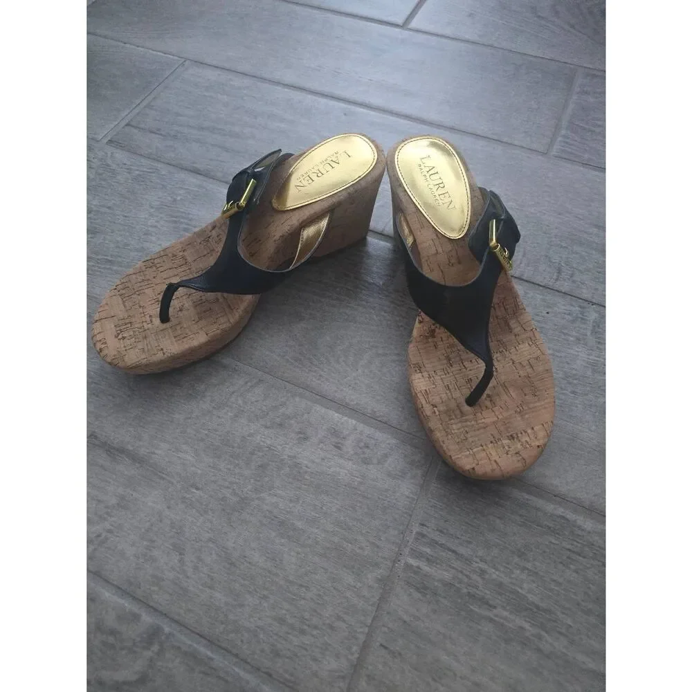 Women's Lauren Ralph Lauren Oralee‎ Wedge Sandal Black Leather and Cork Size 7.5